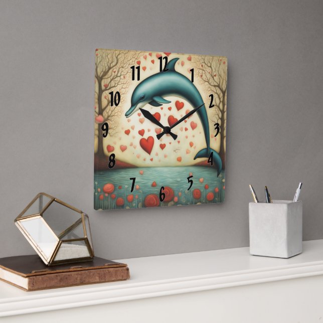 Dolphin Love 3 Square Wall Clock (Office)