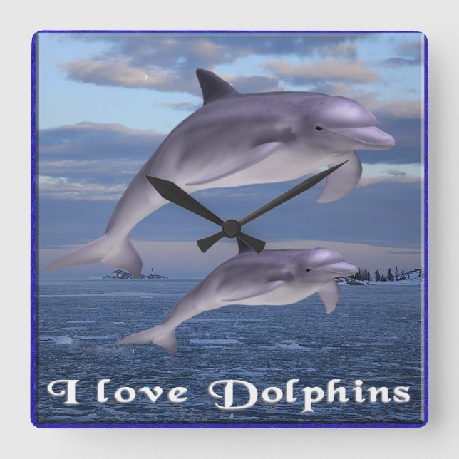 Dolphin Love Square Wall Clock (Front)