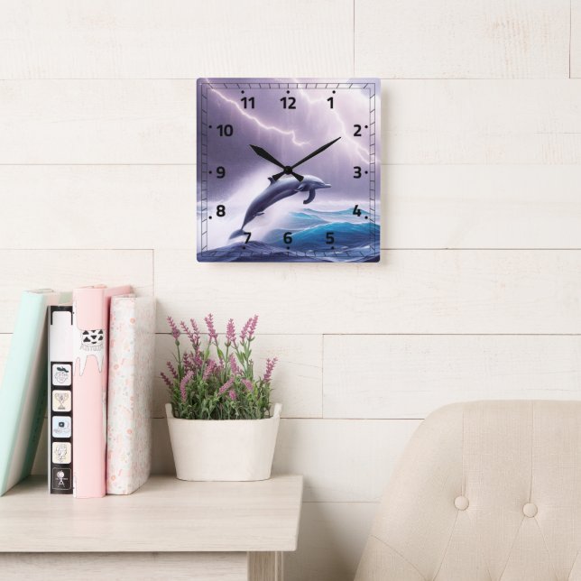 Dolphin Magic in a Stormy Sea: A Captivating Scene Square Wall Clock (Reading Room)