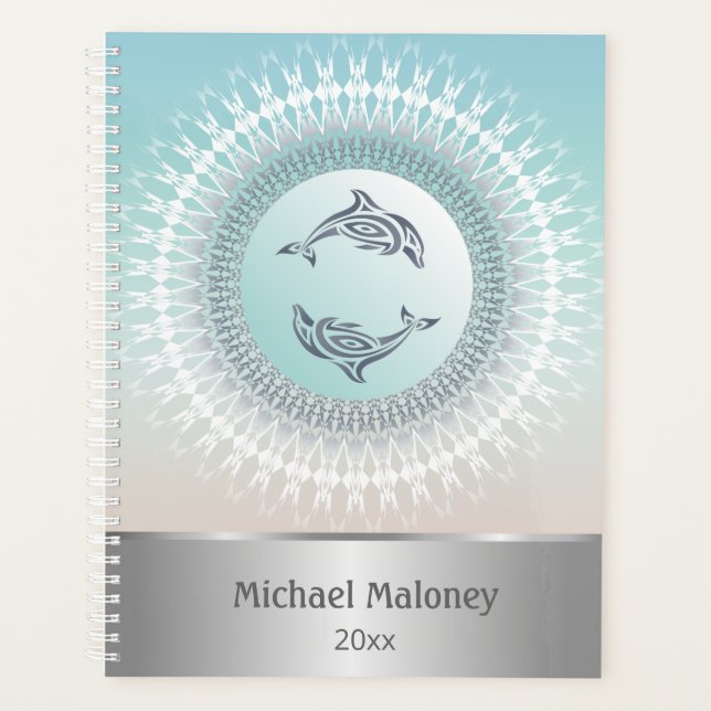 Dolphin Mandala Silver Turquoise Custom Nautical Planner (Front)