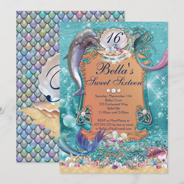 Dolphin Mermaid Under the Sea Party Invitations (Front/Back)