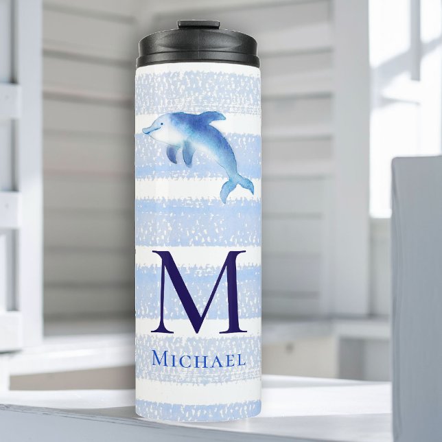 Dolphin Monogram Stripes Beach Nautical Watercolor Thermal Tumbler (boy tumbler personalized monogram dolphin sea blue stripes nautical ocean grandchild baby gift)