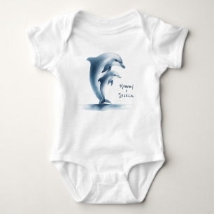 Dolphin Mother Baby Blue Watercolor Personalised Baby Bodysuit