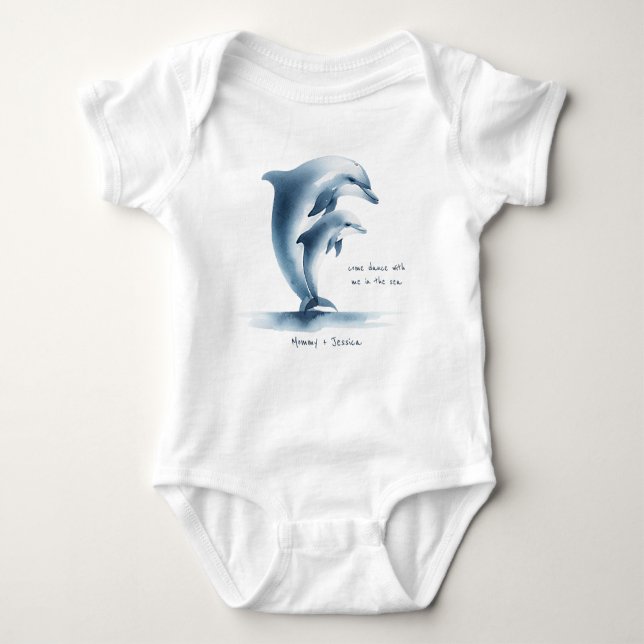 Dolphin Mother Baby Blue Watercolor Personalised Baby Bodysuit (Front)