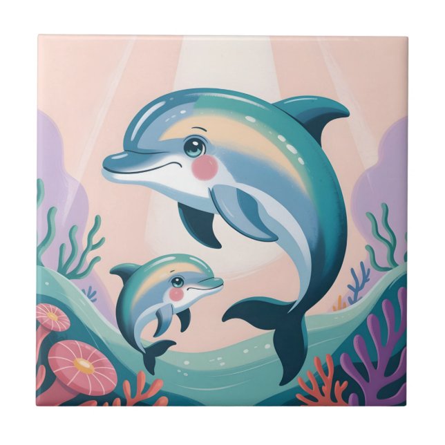 Dolphin Mum and Baby Ceramic Tile (Front)