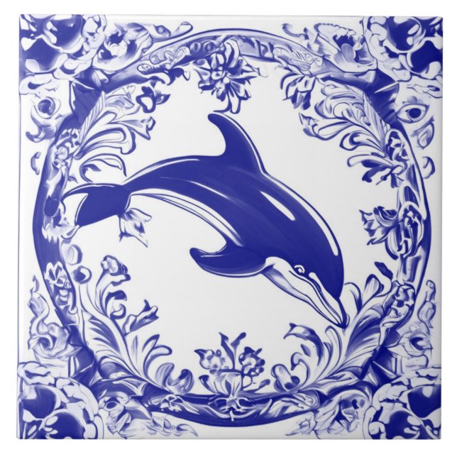 Dolphin Navy Blue and White Sea Ocean Beach House Ceramic Tile (Front)