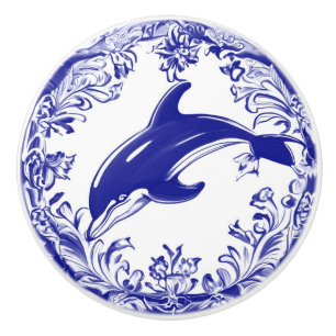 Dolphin Navy Blue and White Sea Ocean Left Facing Ceramic Knob