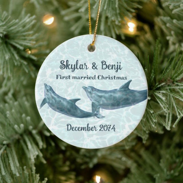 Dolphin Pair First Married Christmas Ceramic Ornament (Tree)