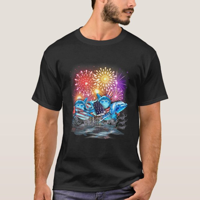Dolphin Patriotic American Flag Fireworks 4Th Of J T-Shirt (Front)