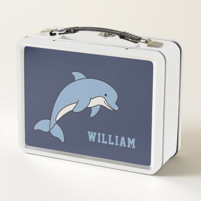 Dolphin Personalised Custom Name Back To School Metal Lunch Box (Back)