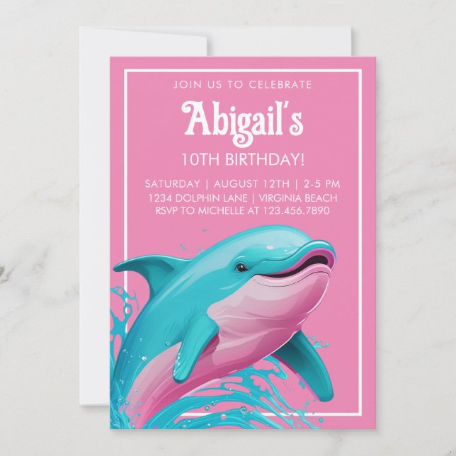 Dolphin Pink Teal Blue Summer Beach Pool Birthday Invitation (Front)