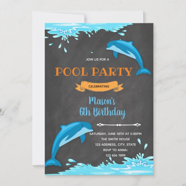 Dolphin pool beach birthday invitation (Front)