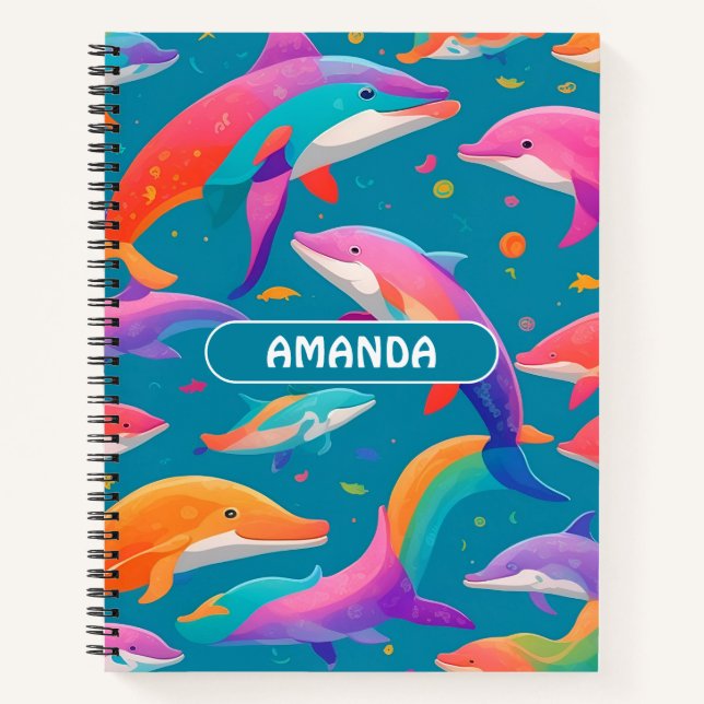 Dolphin Rainbow Colourful Personalised Pattern Notebook (Front)