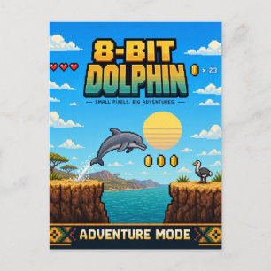 Dolphin, Retro 8-Bit Pixel Art Postcard