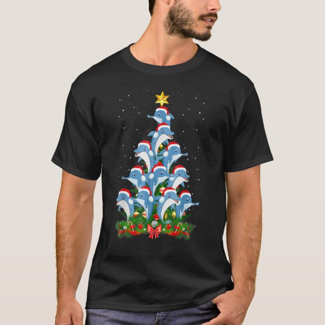 Dolphin Santa Hat Christmas Tree T-Shirt (Front)