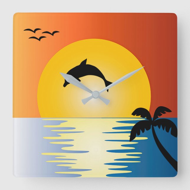 DOLPHIN SILHOUETTE AT SUNSET SQUARE WALL CLOCK (Front)