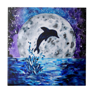 Dolphin Silhouette Ocean and Moon Ceramic Tile