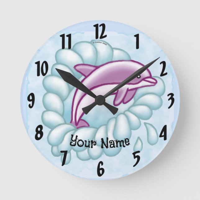 Dolphin Splash custom name Round Clock (Front)