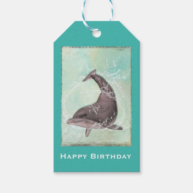 Dolphin Splashing Around Happy Birthday Gift Tags (Front)