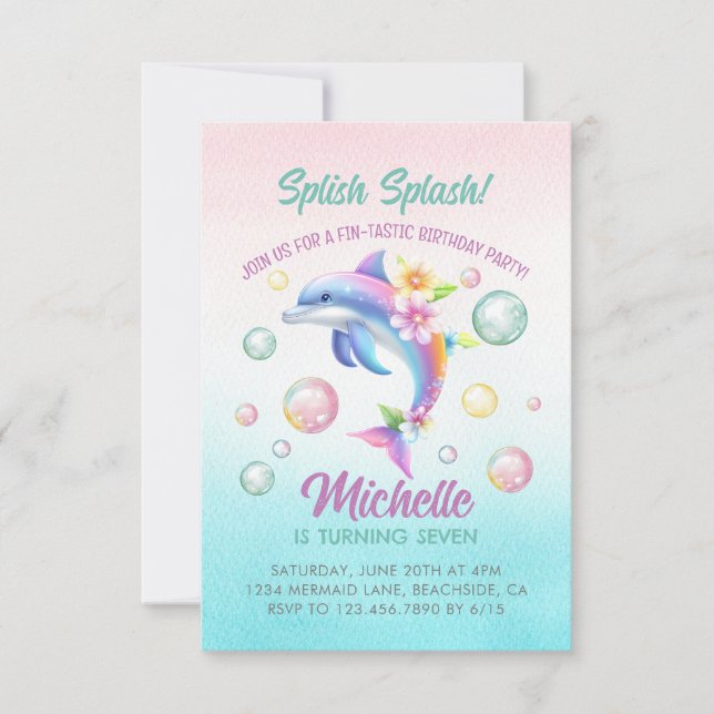 Dolphin Splish Splash Girl Birthday Invitation (Front)