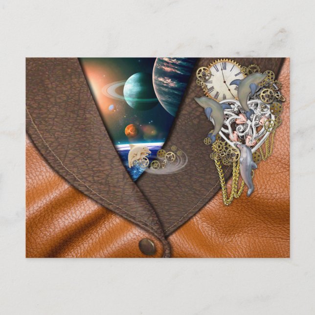 Dolphin Steampunk Time on Leather Texture Postcard (Front)