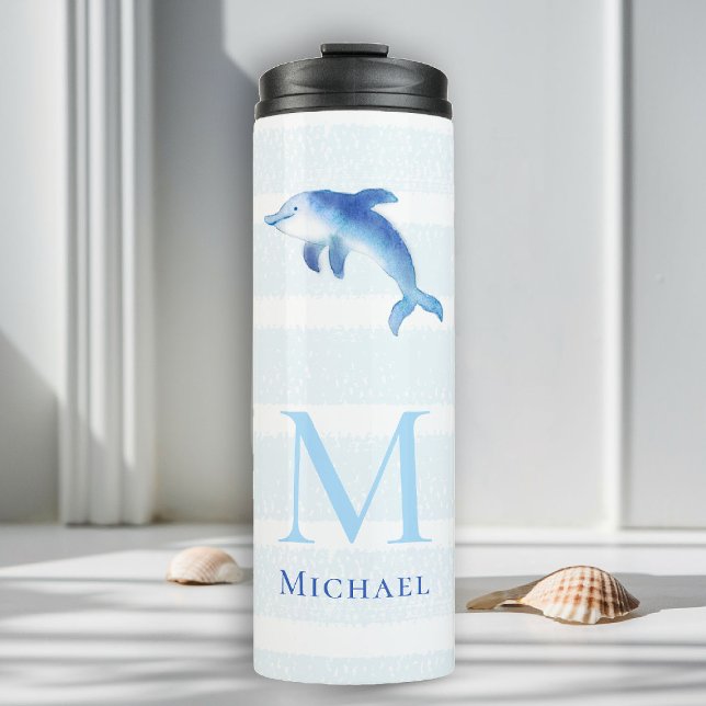 Dolphin Stripes Monogram Beach Nautical Watercolor Thermal Tumbler (beach house tumbler personalized monogram dolphin sea blue stripes nautical ocean grandchild oy gift)
