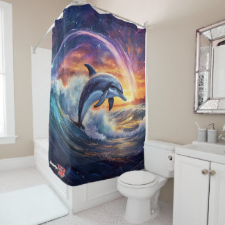 Dolphin Surfs Galaxy Design by Rich AMeN Gill Shower Curtain