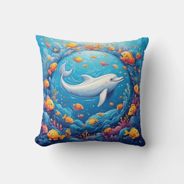  Dolphin Surrounded by Vibrant Tropical Fish Cushion (Front)