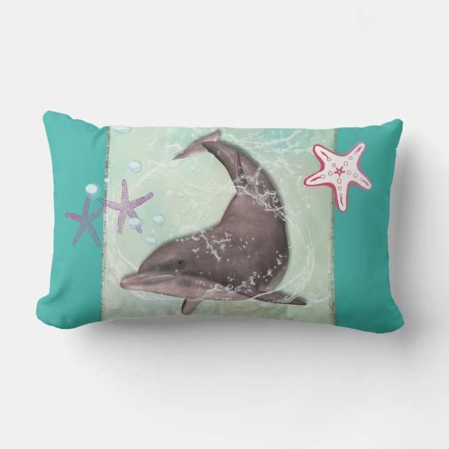 Dolphin Swimming Around in Cool Green Water Lumbar Cushion (Front)