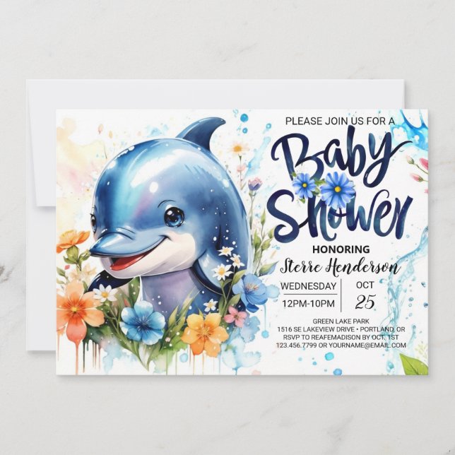 Dolphin-themed Baby Boy Shower Invitation (Front)