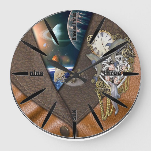 Dolphin time on leather large clock (Front)