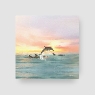 Dolphin Tropical Sunset Watercolor Coastal Canvas Print