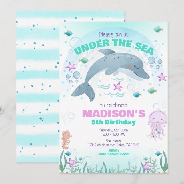 Dolphin Under the Sea Birthday  Invitation (Front/Back)