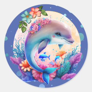 Dolphin Underwater Surrounded by Algae and Bubbles Classic Round Sticker