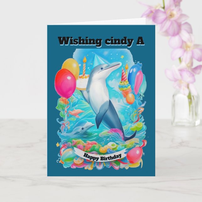 Dolphin Wearing birthday hat holding cake birthday Card (Orchid)