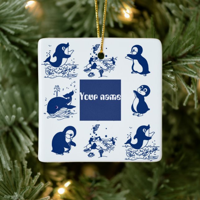 Dolphin, Whales and Penguins Ceramic Ornament (Tree)