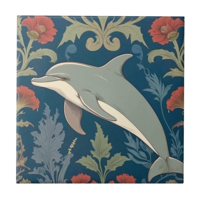 Dolphin William Morris style Nautical floral Left Ceramic Tile (Front)