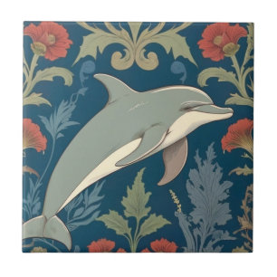 Dolphin William Morris style Ocean Sea theme Right Ceramic Tile