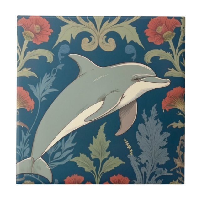 Dolphin William Morris style Ocean Sea theme Right Ceramic Tile (Front)
