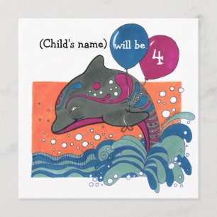 Dolphin with Balloons 4th Birthday Invite