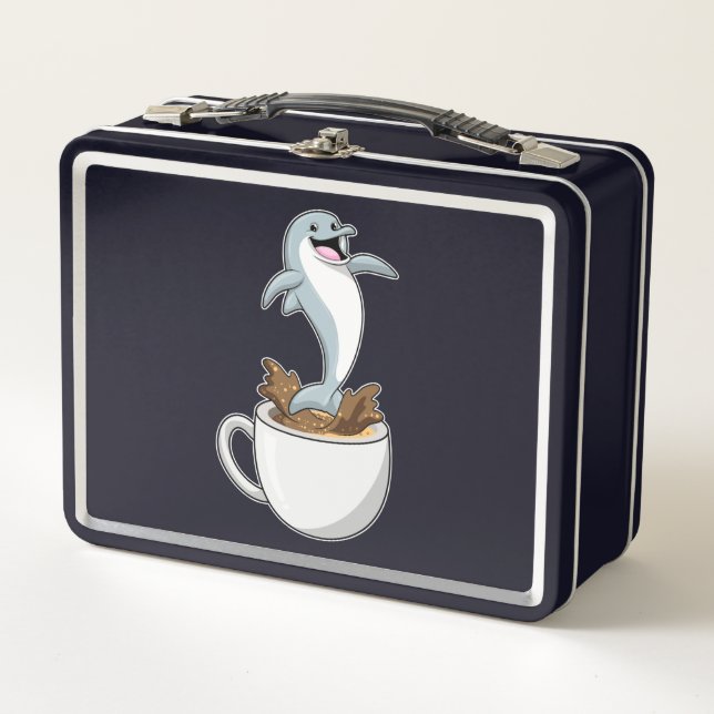 Dolphin with Cup of Coffee Metal Lunch Box (Front)