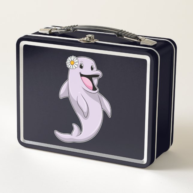 Dolphin with Daisy Flower Metal Lunch Box (Front)