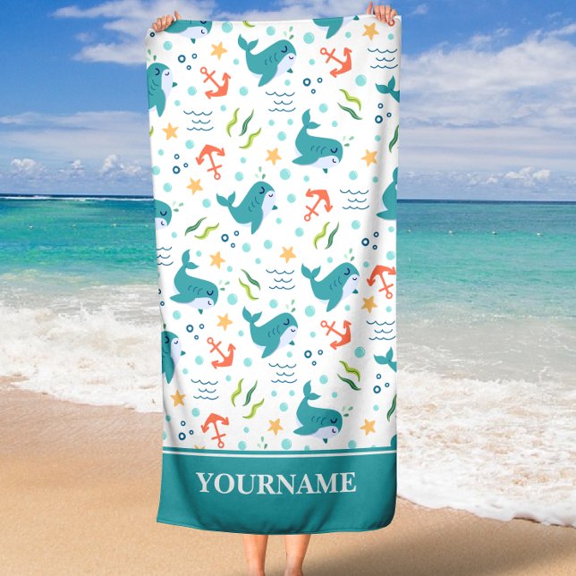 Dolphins and Anchors Teal and White Under the Sea Beach Towel (Creator Uploaded)