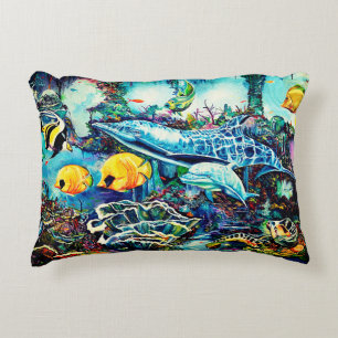 Dolphins and Fish Near Ocean Reef Decorative Cushion