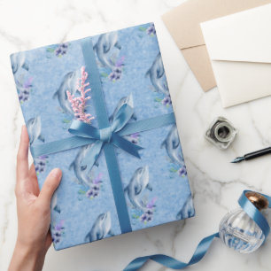 Dolphins and Flowers On Blue Wrapping Paper