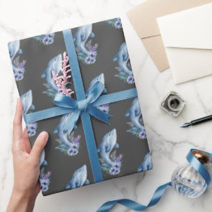 Dolphins and Flowers On Gray Wrapping Paper