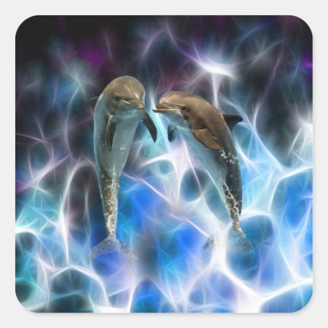 Dolphins and fractal crystals square sticker (Front)