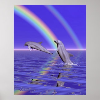 Dolphins and Rainbow Poster