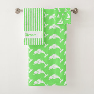 Dolphins and Sailboats, Green White Bath Towel Set