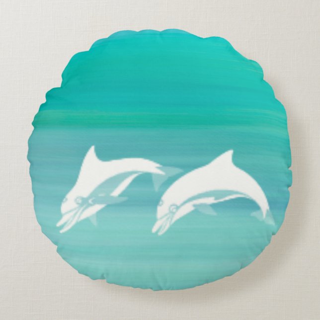 Dolphins aquamarine ocean water round cushion (Front)